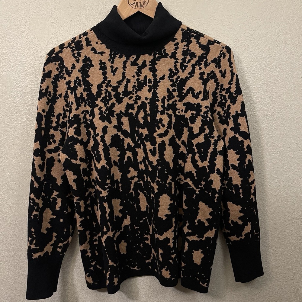 Chico's Knit Turtleneck Sweater Animal Print Black Brown Chic Statement Sz L
